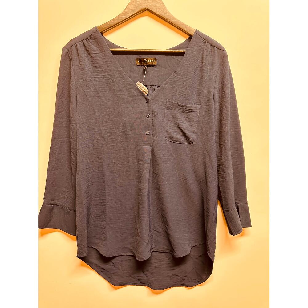 Fred David Sheer Women's Navy 3/4 Sleeve Blouse/Top Pocket Size Medium New